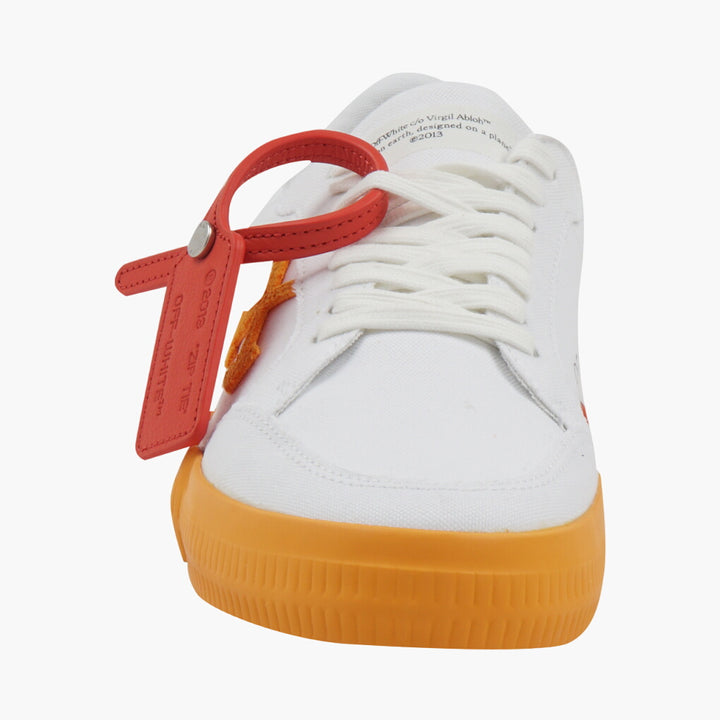 Off-White Sneakers with Orange Striped Sole and Red Zip-Tie Tag for Street Style