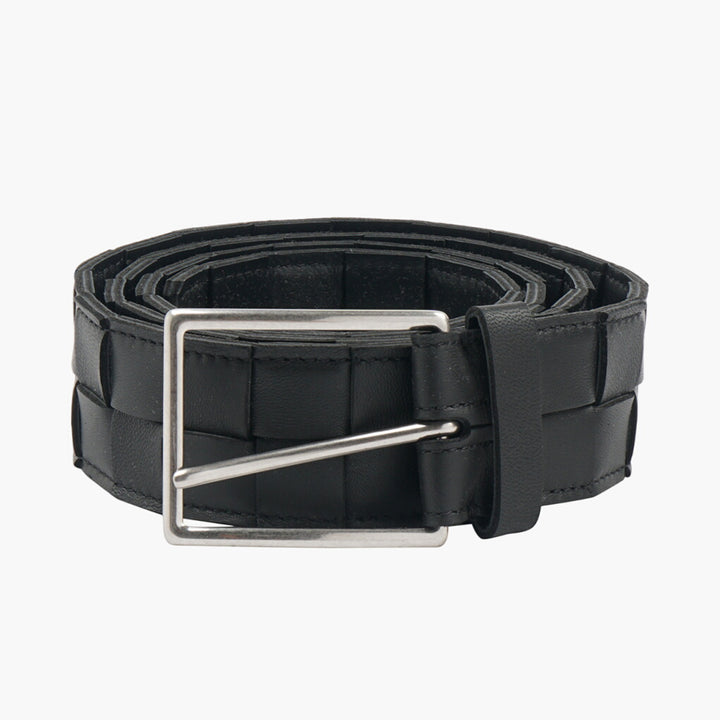 Bottega Veneta Elegant Woven Black Belt with Silver Buckle - Made in Italy