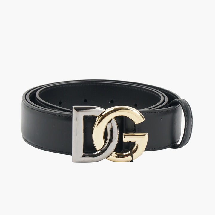 Cintura in pelle nera da uomo Dolce &amp; Gabbana con fibbia DG oro e argento - Accessorio di moda di lusso