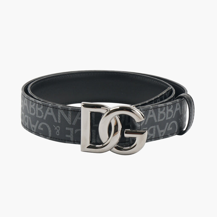 Cintura Dolce &amp; Gabbana nera-grigio scuro con fibbia con logo DG e stampa monogramma