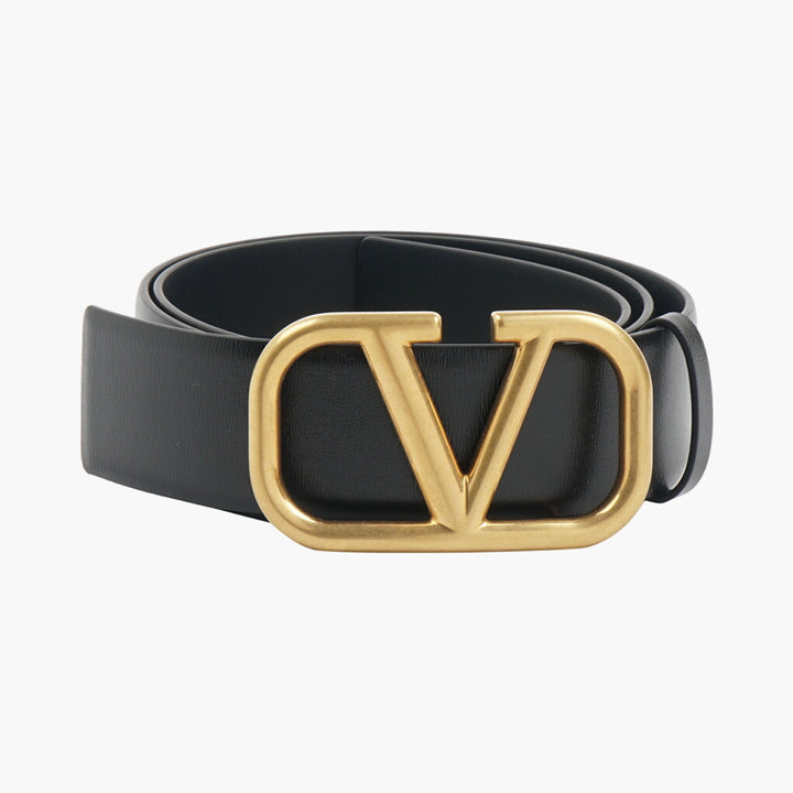 Valentino Black-Gold Leather Belt with Iconic V Logo Made in Italy