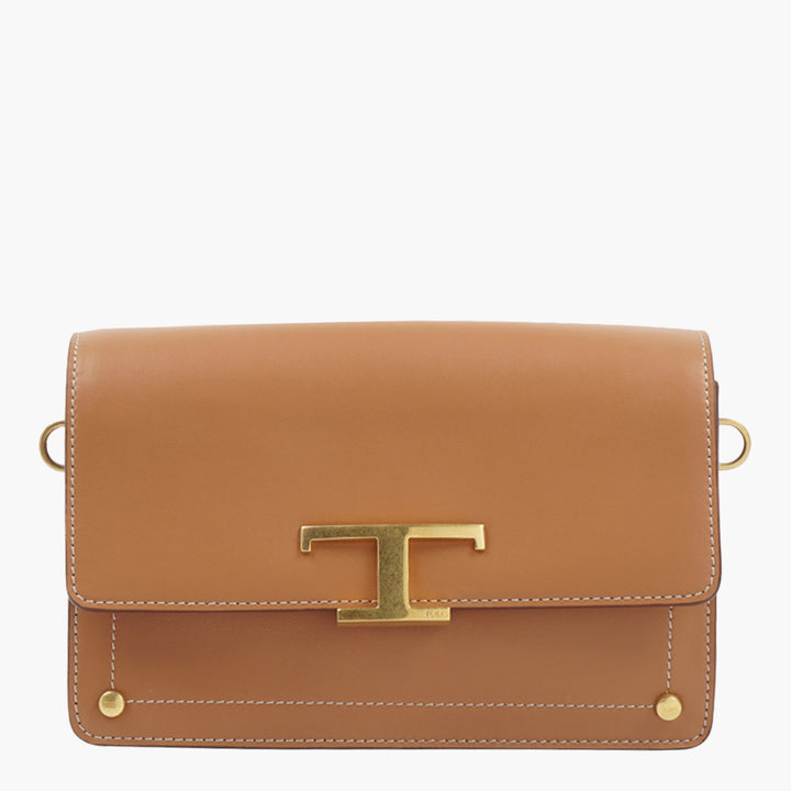 Tod's Elegant Leather Bag with Gold 'T' Logo in Brown-Gold