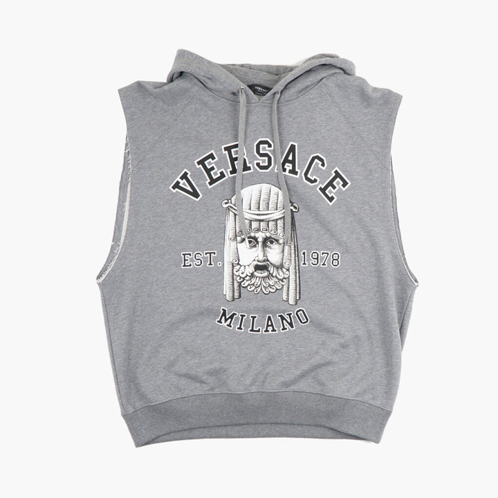 Versace Men's Sleeveless Hoodie with Iconic Milano Logo - Grey-Black-White