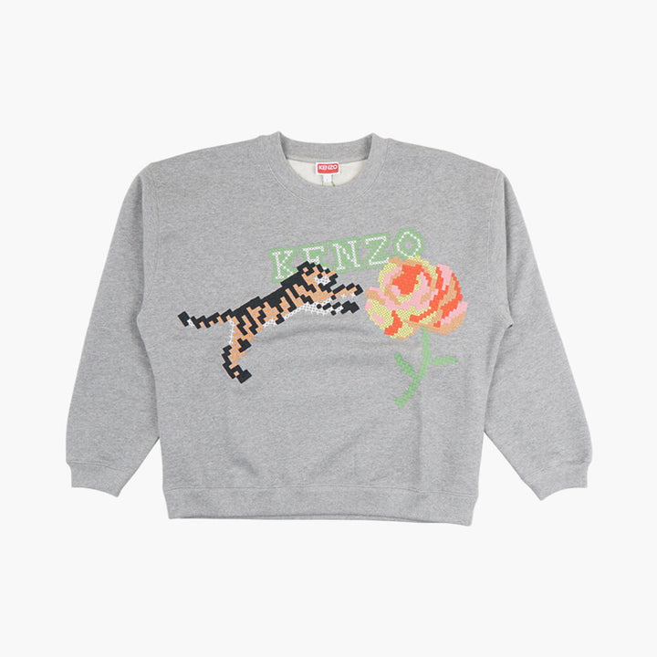 Kenzo Grey Pixelated Tiger and Flower Graphic Sweater