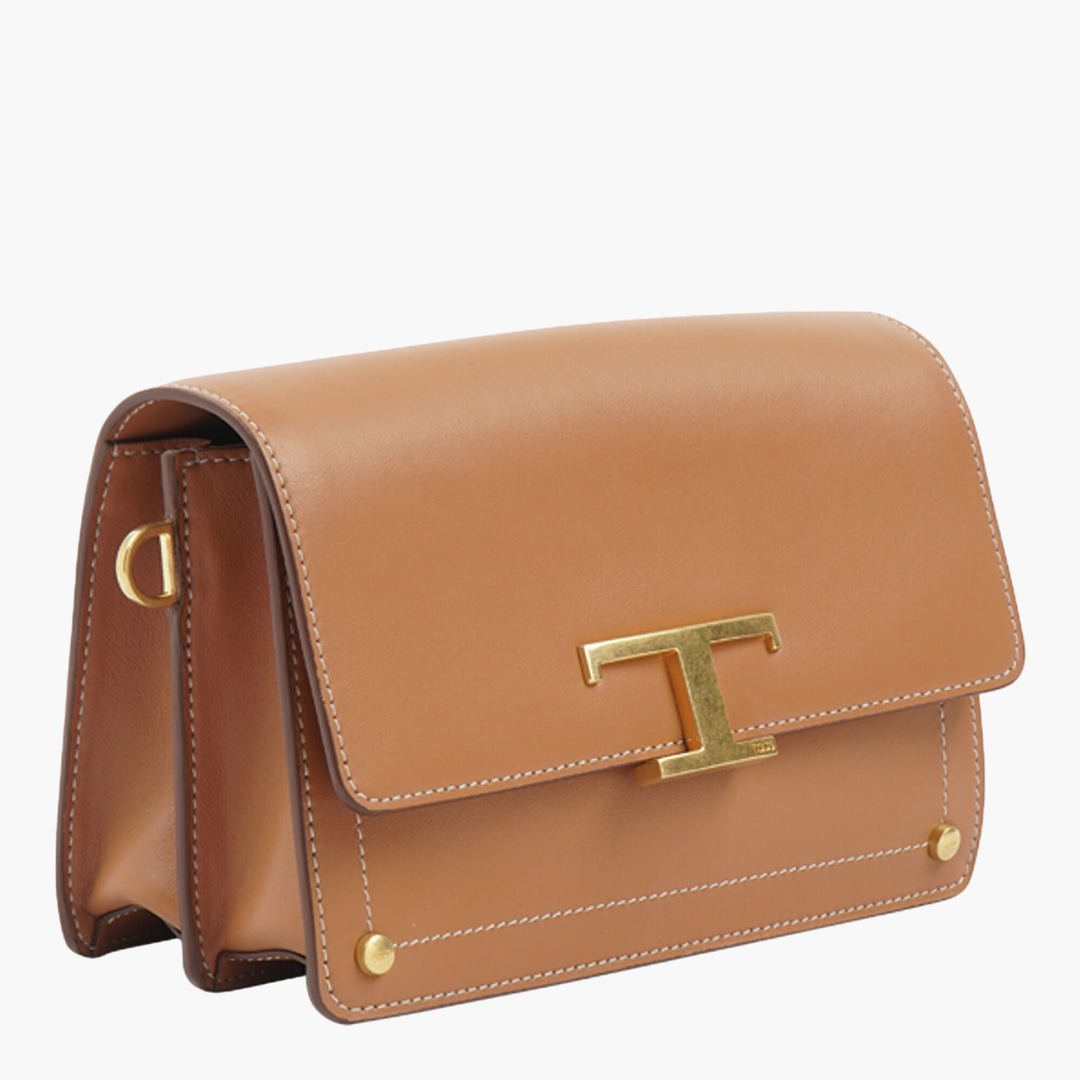 Tod's Elegant Leather Bag with Gold 'T' Logo in Brown-Gold