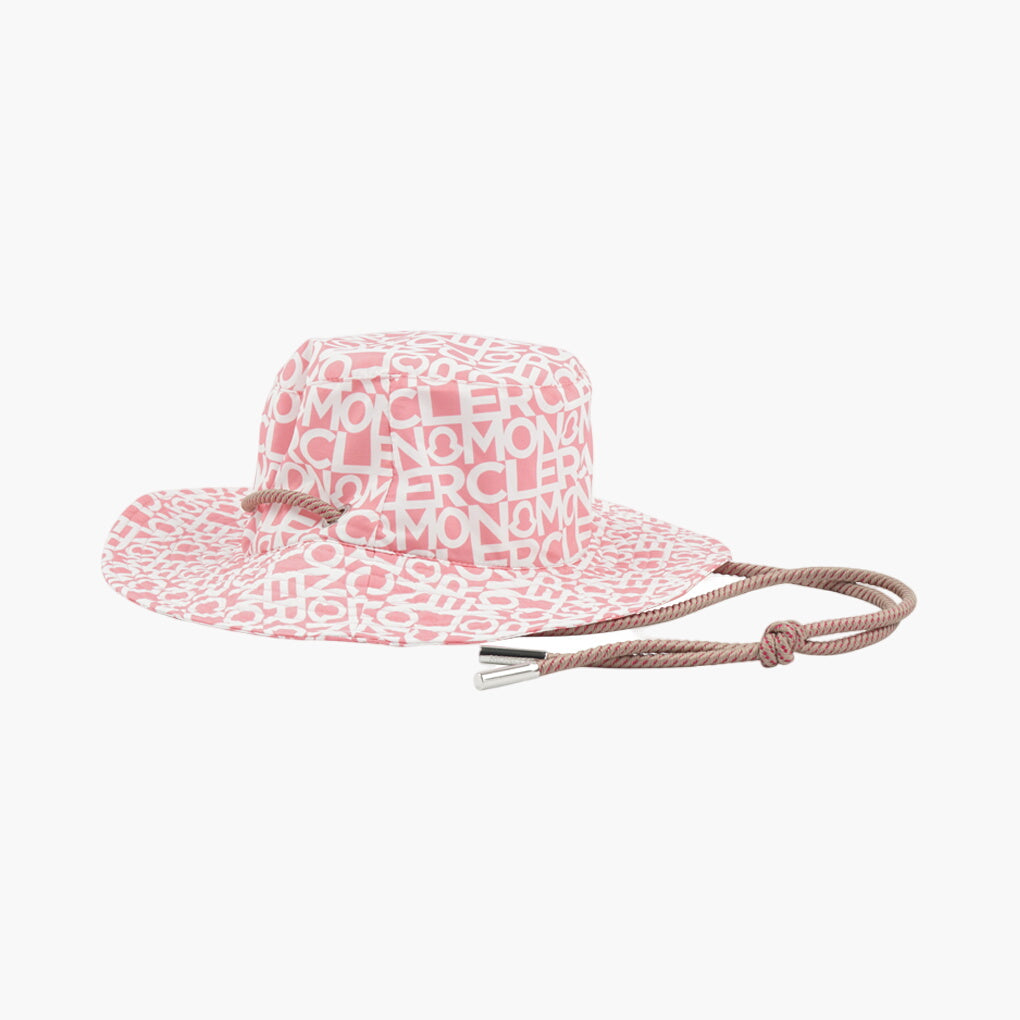 Moncler Pink-White Logo Print Hat with Adjustable Chin Strap