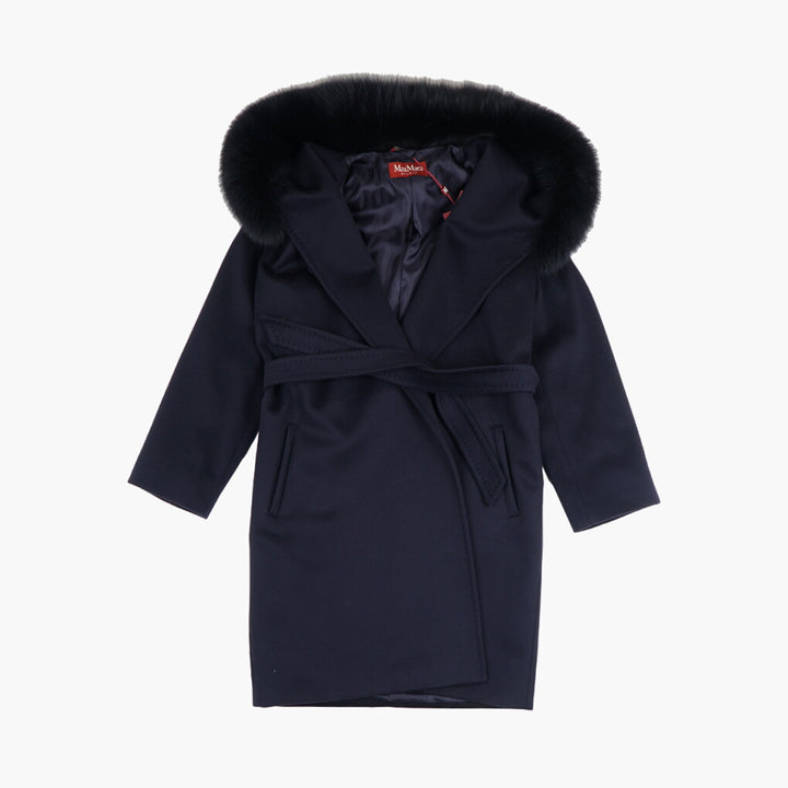 MAX MARA Elegant Blu Coat with Fur-Trimmed Hood and Belt