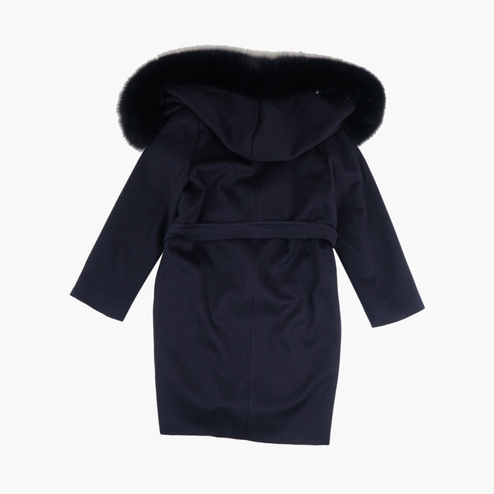 MAX MARA Elegant Blu Coat with Fur-Trimmed Hood and Belt