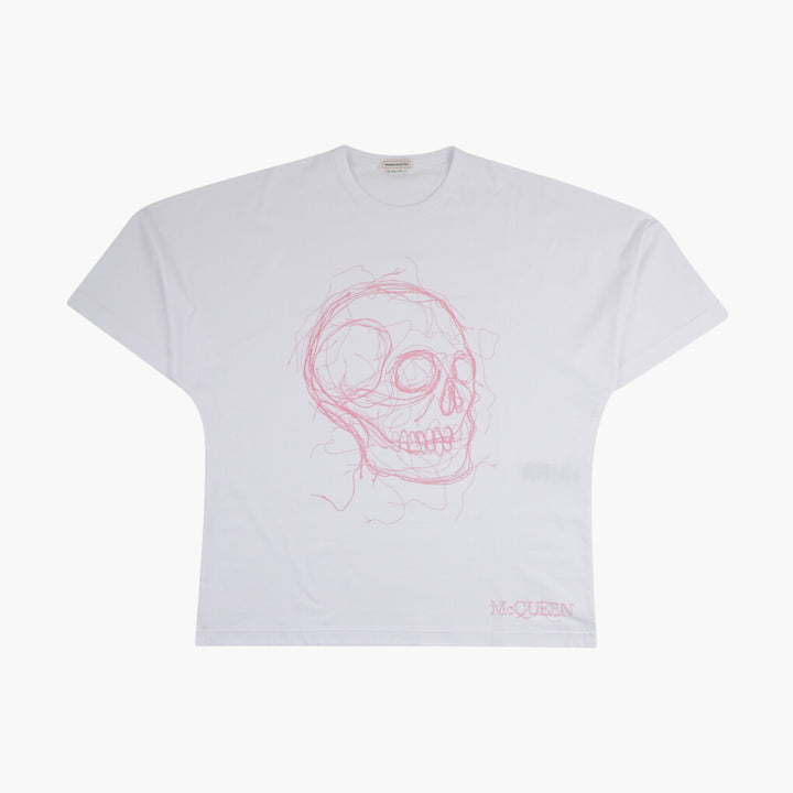 T-shirt con schizzo del teschio bianco-rosa di Alexander McQueen per uomo