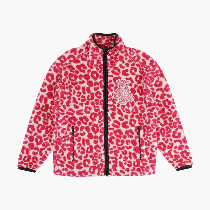 Maglione Moncler Leopard Print con Zip Intera e Toppa Ricamata - Bianco-Fuxia