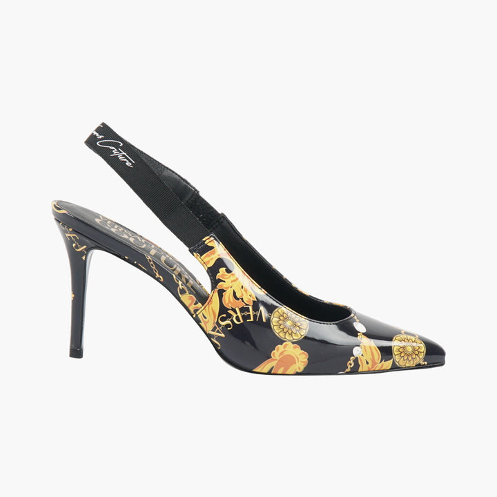 Scarpe col tacco Versace nere e multicolor con stampa barocca iconica