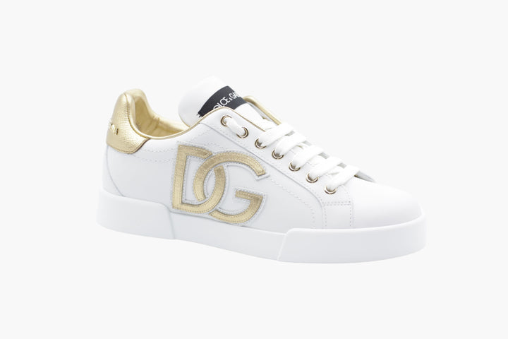 Sneakers Dolce &amp; Gabbana bianco-oro con pelle pregiata e logo metallizzato