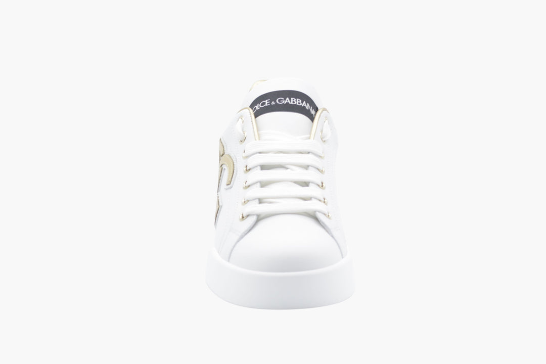 Sneakers Dolce &amp; Gabbana bianco-oro con pelle pregiata e logo metallizzato