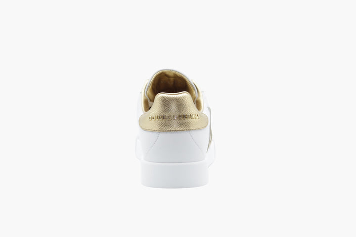 Sneakers Dolce &amp; Gabbana bianco-oro con pelle pregiata e logo metallizzato