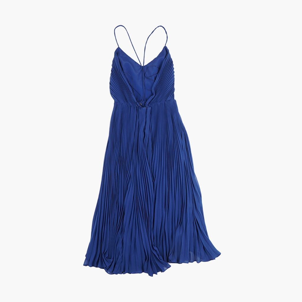 Max Mara Elegante Abito Blu Plissettato con Spalline Regolabili