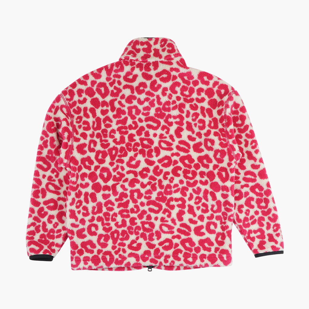 Moncler Leopard Print Sweater with Full Zip and Embroidered Patch - White-Fuxia