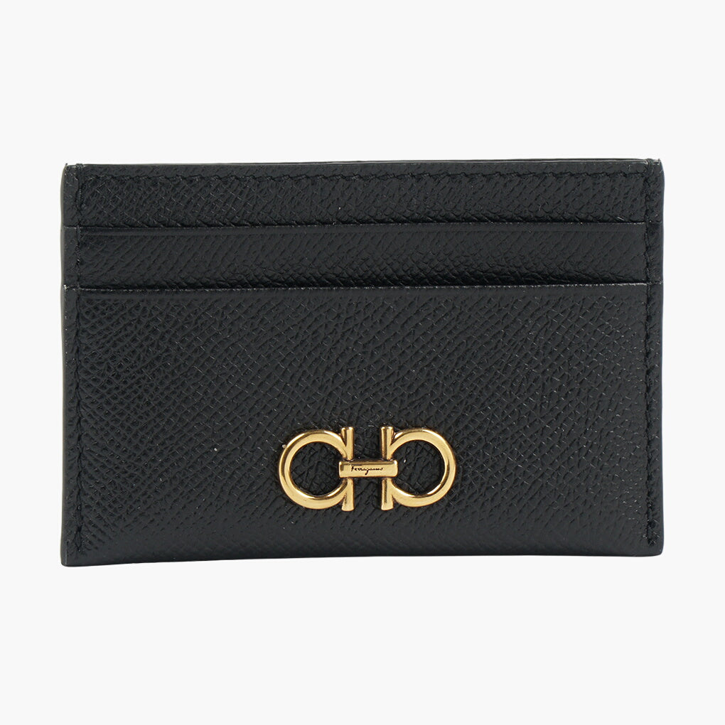 Salvatore Ferragamo Black-Gold Gancini Leather Wallet with Multiple Card Slots