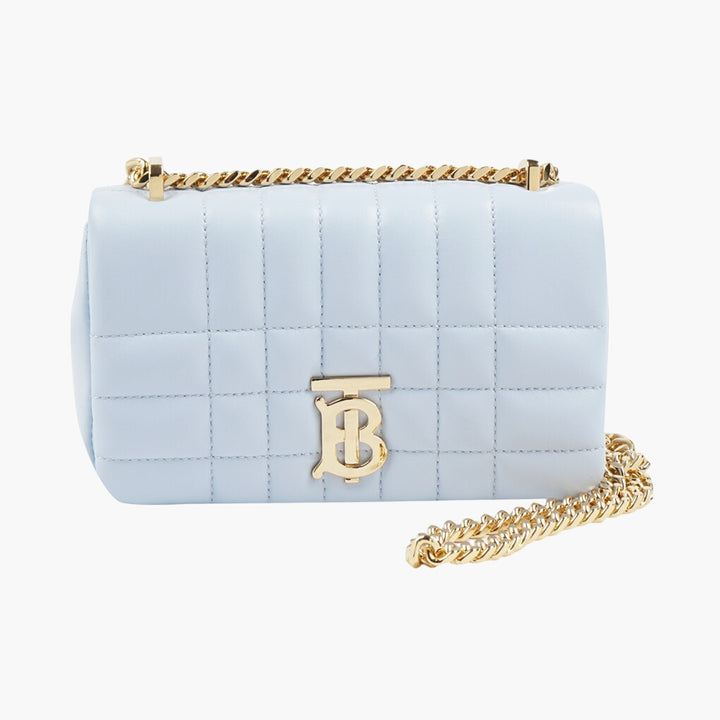 Burberry Quilted Leather Bag in Light Blue-Gold with Signature 'TB' Logo and Chain Strap