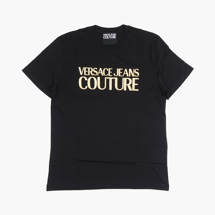 VERSACE JEANS COUTURE T-shirt nera e oro con logo audace