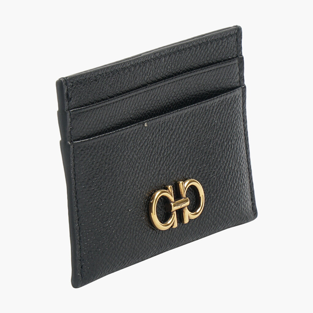 Salvatore Ferragamo Black-Gold Gancini Leather Wallet with Multiple Card Slots