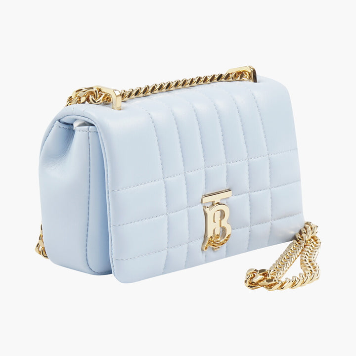 Burberry Quilted Leather Bag in Light Blue-Gold with Signature 'TB' Logo and Chain Strap