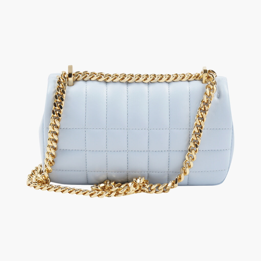 Burberry Quilted Leather Bag in Light Blue-Gold with Signature 'TB' Logo and Chain Strap