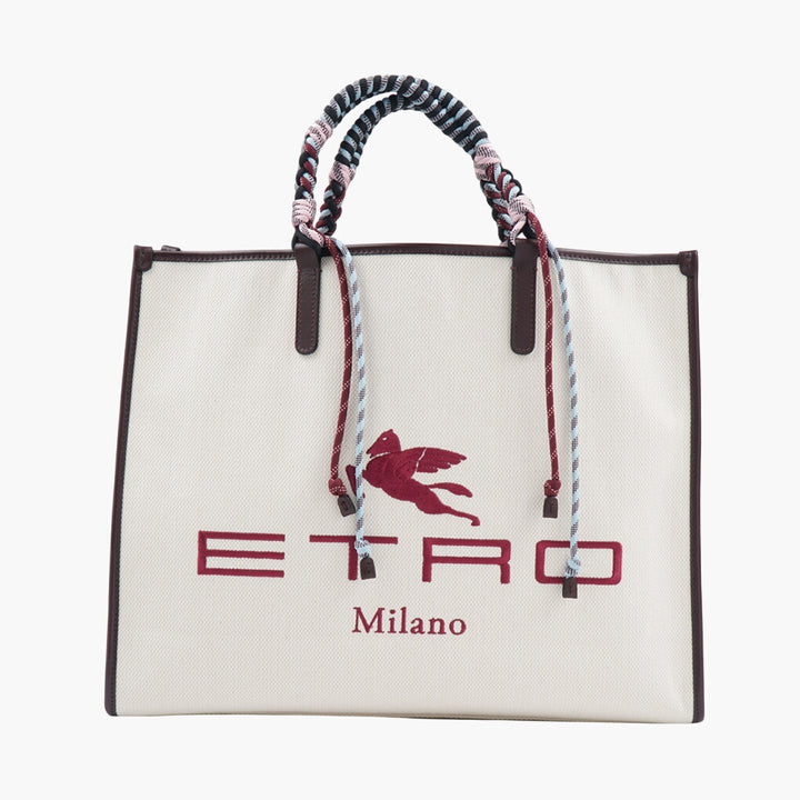 Etro Bags - Ivory-Bordeaux Canvas with Pegasus Motif and Braided Handles