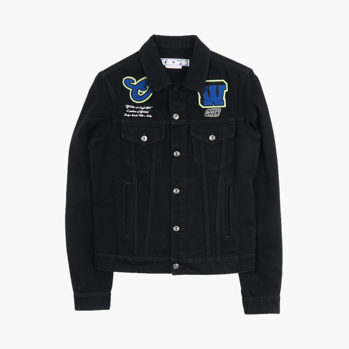 Off-White Black Jacket with Signature Detailing and Unique Patches