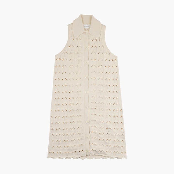 Max Mara White Sleeveless Button-Down Dress with Intricate Pattern