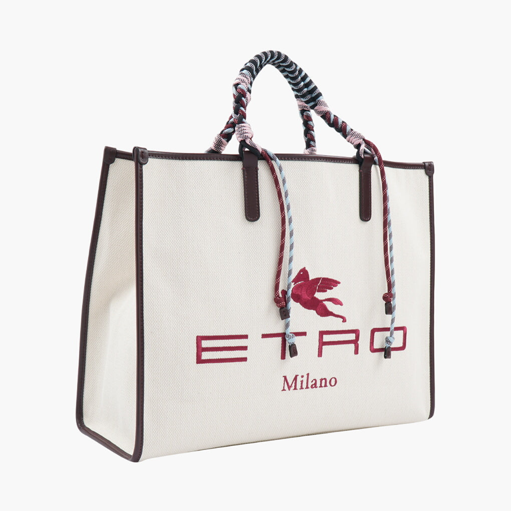 Etro Bags - Ivory-Bordeaux Canvas with Pegasus Motif and Braided Handles