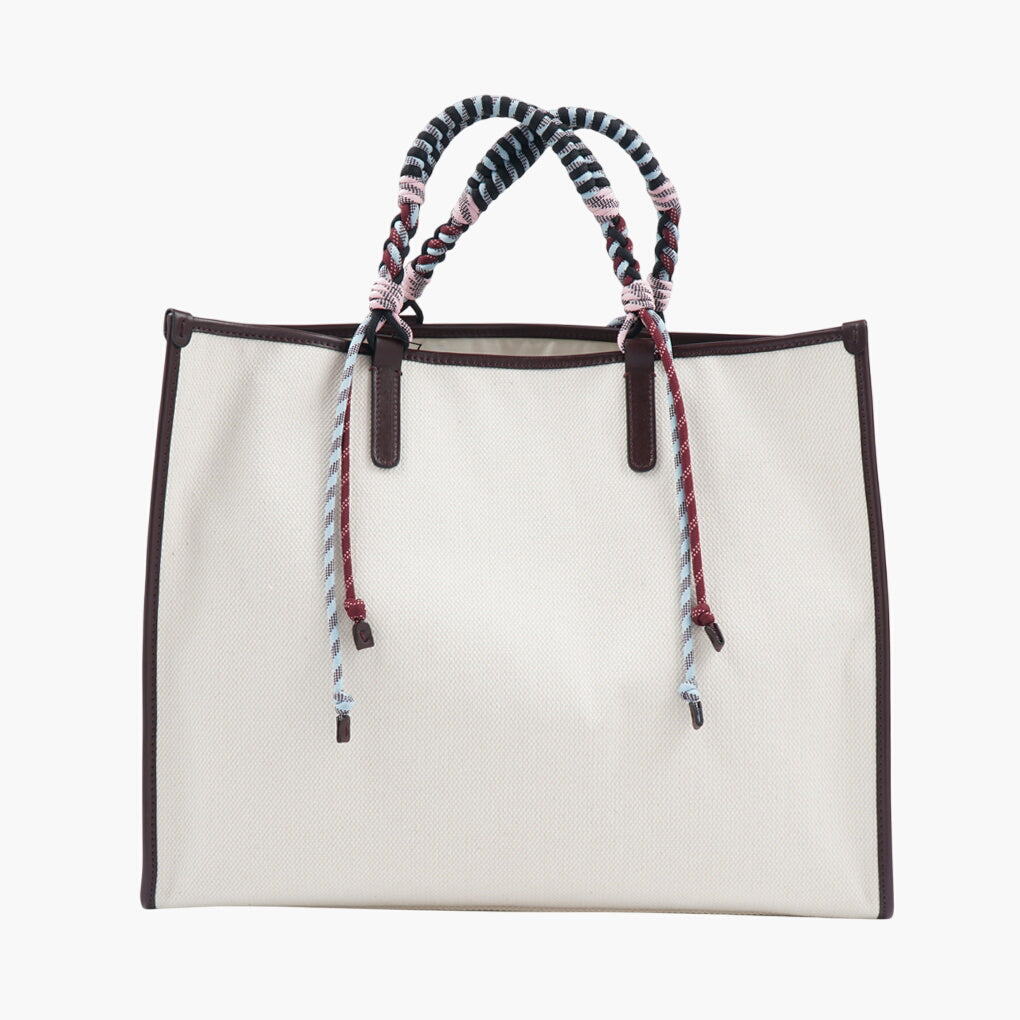 Etro Bags - Ivory-Bordeaux Canvas with Pegasus Motif and Braided Handles