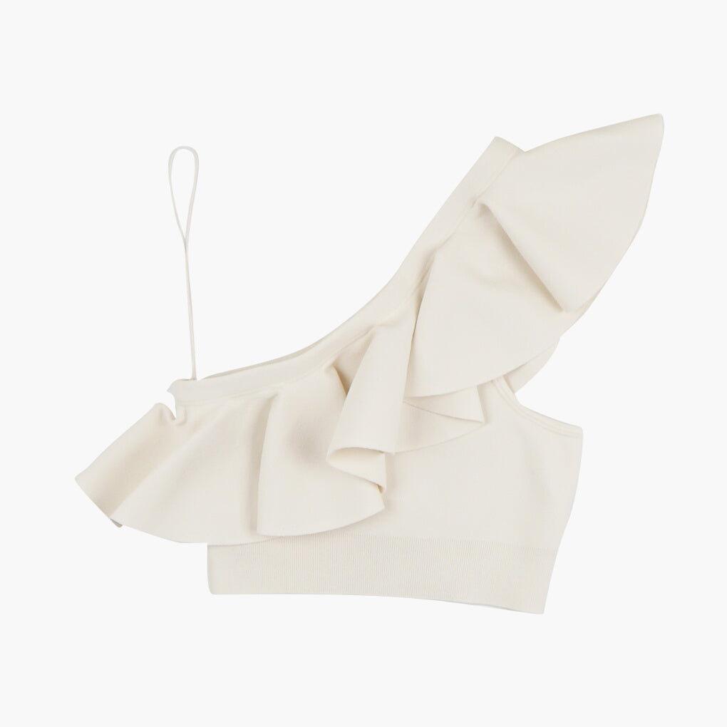 Céline Elegant Asymmetrical White Top with Ruffle Detailing - Made in Italy