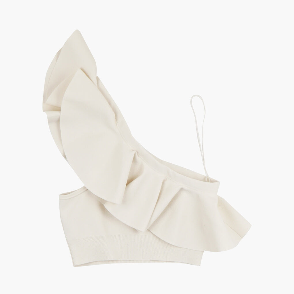 Céline Elegant Asymmetrical White Top with Ruffle Detailing - Made in Italy