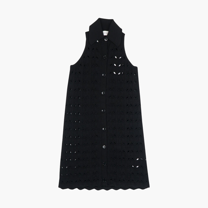 Max Mara Black Sleeveless Button-Down Dress with Intricate Cut-Out Patterns