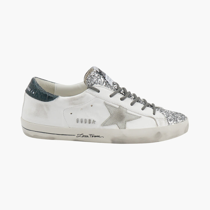 Golden Goose Women's Distressed White-Green-Silver Sneakers with Glitter Detail Made in Italy