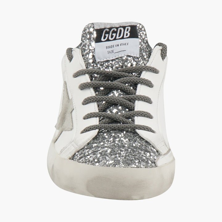 Golden Goose Women's Distressed White-Green-Silver Sneakers with Glitter Detail Made in Italy