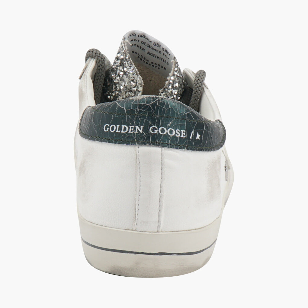 Golden Goose Women's Distressed White-Green-Silver Sneakers with Glitter Detail Made in Italy