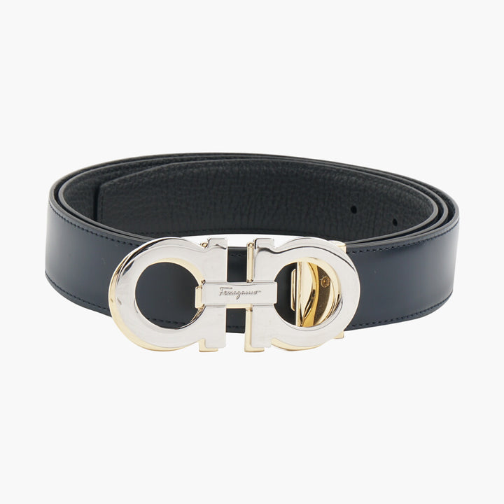 Salvatore Ferragamo Men's Leather Belt with Gancini Buckle - Black-Navy