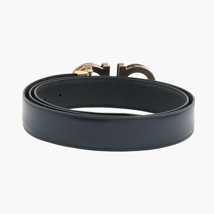 Salvatore Ferragamo Men's Leather Belt with Gancini Buckle - Black-Navy