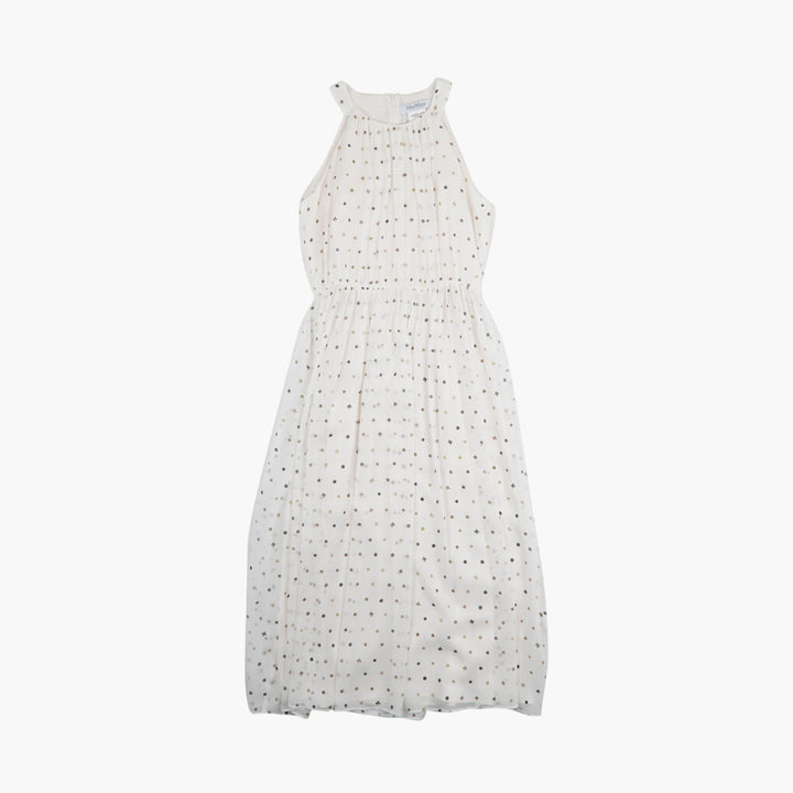 Max Mara Elegante Abito a Pois con Collo Alto - Bianco Multi