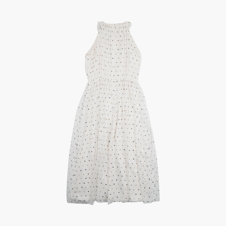 Max Mara Elegante Abito a Pois con Collo Alto - Bianco Multi