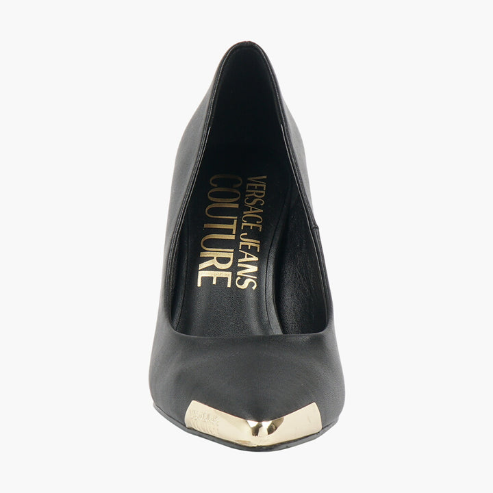 Versace Elegant Black-Gold Leather Pumps with Gold-Tone Detail and Stiletto Heel