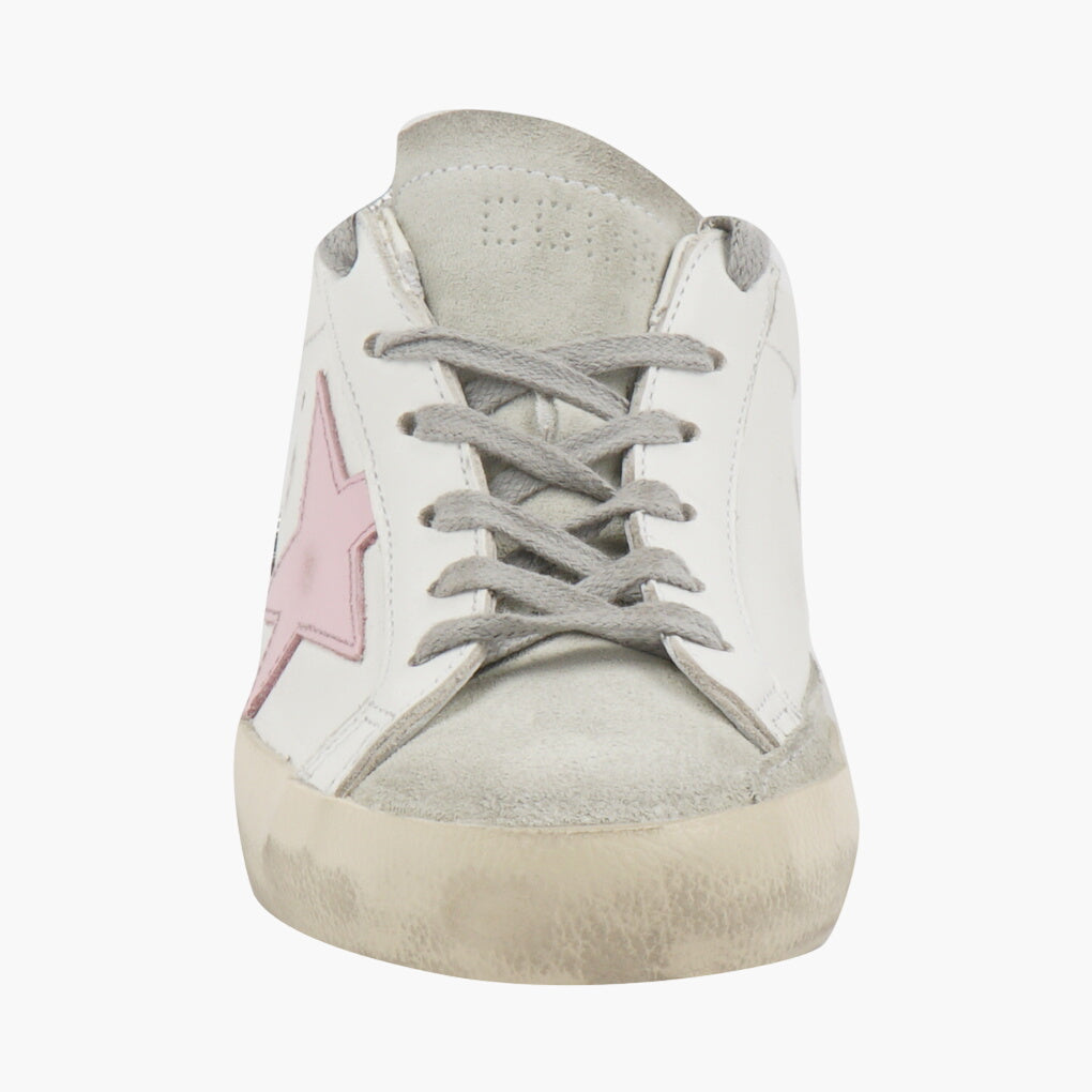 Golden Goose Women's Distressed White Sneakers with Pink Star and Silver Heel Tab