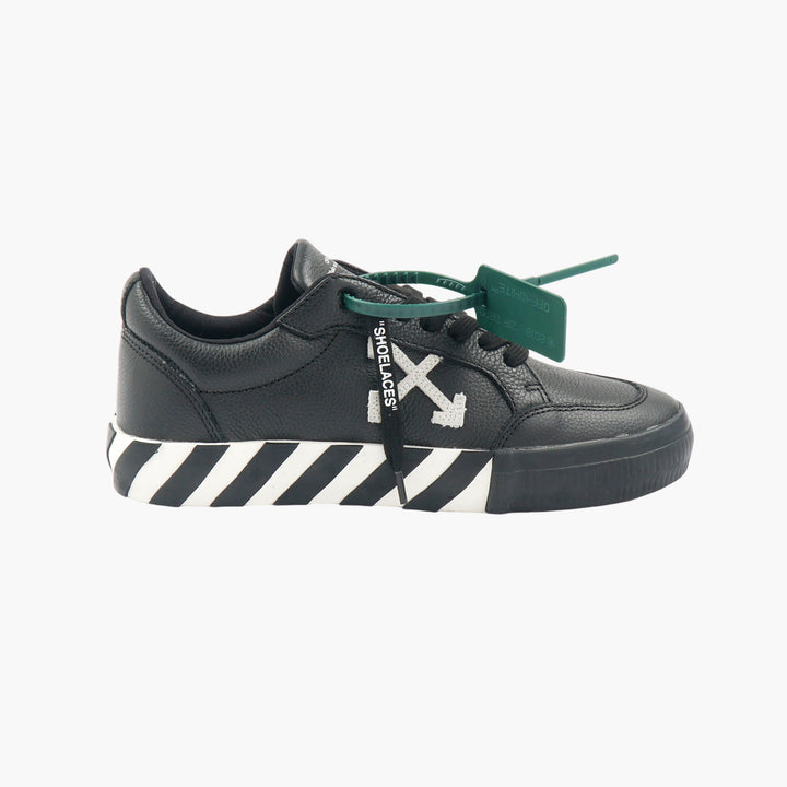 Off-White Black Leather Sneakers with Iconic Arrow Logo and Striped Sole