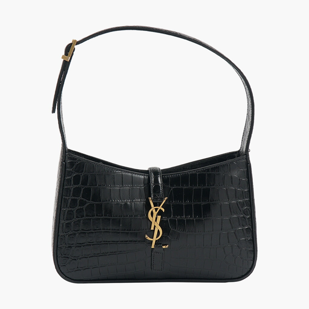 Saint Laurent Black-Gold Croc-Embossed Bag with Iconic YSL Logo and Adjustable Strap