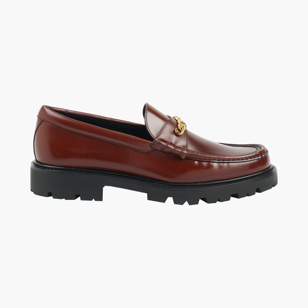 Céline Dark Bordeaux-Gold Leather Loafers with Gold-Tone Chain Detail - Made in Italy