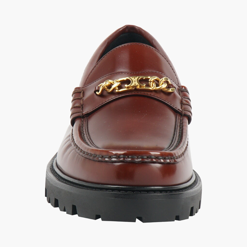 Céline Dark Bordeaux-Gold Leather Loafers with Gold-Tone Chain Detail - Made in Italy