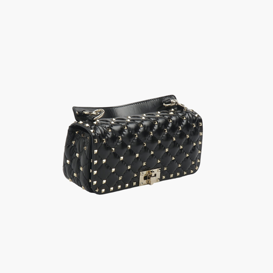 VALENTINO Black-Gold Rockstud Leather Bag with Adjustable Strap - Made in Italy