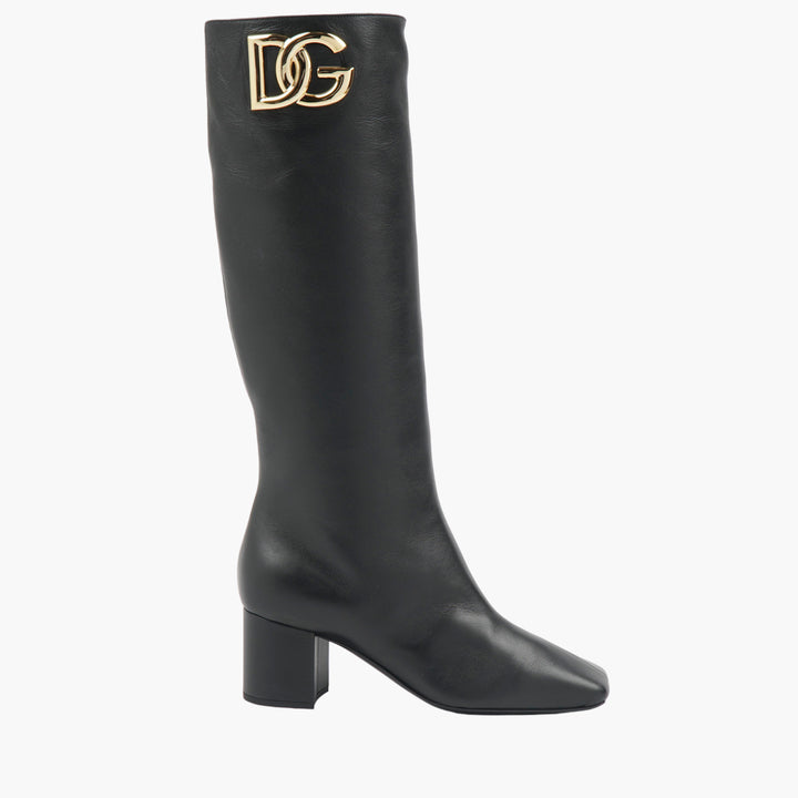 Dolce & Gabbana Black Leather Boots with Gold Logo Accent - Made in Italy