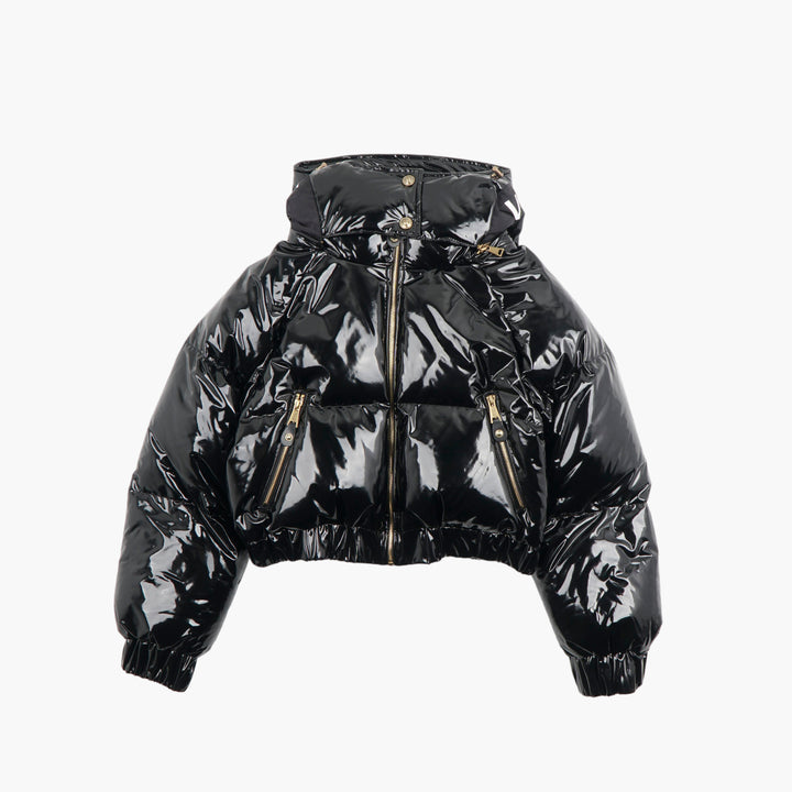 VERSACE Glossy Black Puffer Jacket with Gold-Tone Zippers